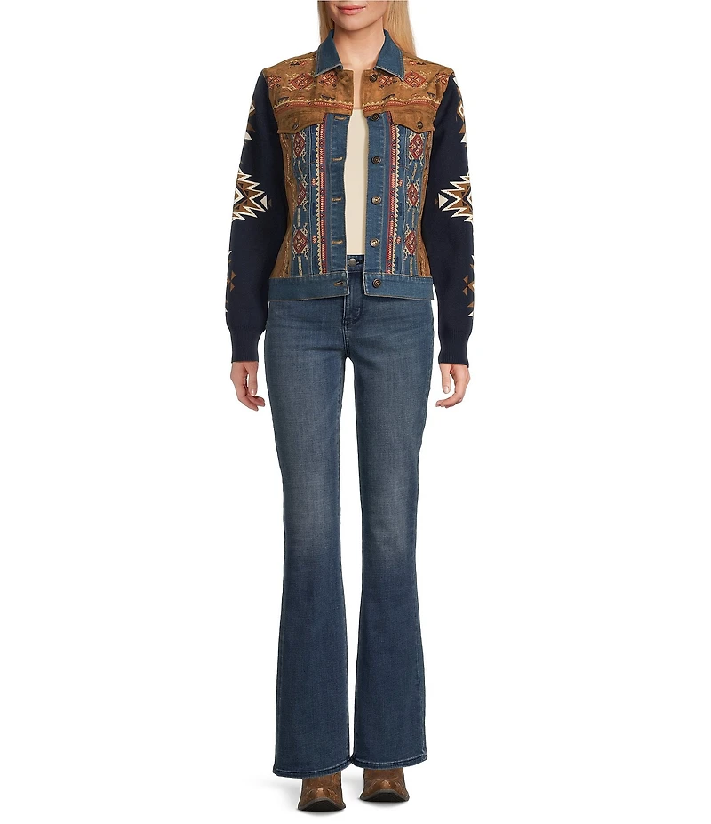 Reba Faux Suede Denim Knit Jacquard Point Collar Long Sleeve Embroidered Button Front Jacket