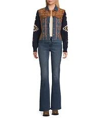Reba Faux Suede Denim Knit Jacquard Point Collar Long Sleeve Embroidered Button Front Jacket