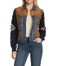 Reba Faux Suede Denim Knit Jacquard Point Collar Long Sleeve Embroidered Button Front Jacket