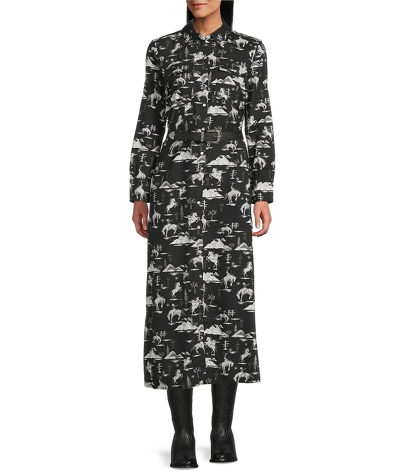 Reba Holiday Woven Cowboy Print Point Collar Long Sleeve Midi Shirt Dress