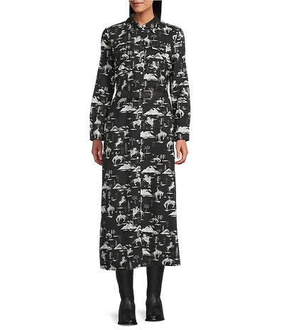 Reba Holiday Woven Cowboy Print Point Collar Long Sleeve Midi Shirt Dress