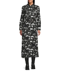 Reba Holiday Woven Cowboy Print Point Collar Long Sleeve Midi Shirt Dress