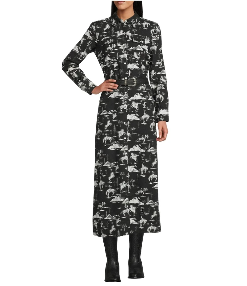 Reba Holiday Woven Cowboy Print Point Collar Long Sleeve Midi Shirt Dress