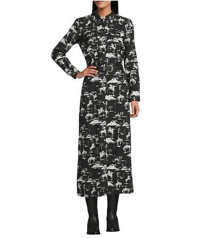 Reba Holiday Woven Cowboy Print Point Collar Long Sleeve Midi Shirt Dress