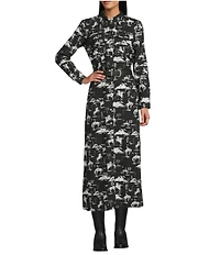 Reba Holiday Woven Cowboy Print Point Collar Long Sleeve Midi Shirt Dress