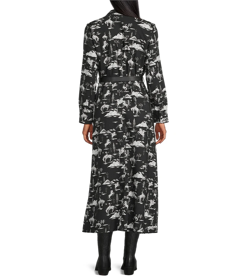 Reba Holiday Woven Cowboy Print Point Collar Long Sleeve Midi Shirt Dress