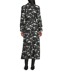 Reba Holiday Woven Cowboy Print Point Collar Long Sleeve Midi Shirt Dress