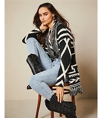 Reba Jacquard Knit Geometric Print Fringe Long Sleeve Open Front Cardigan