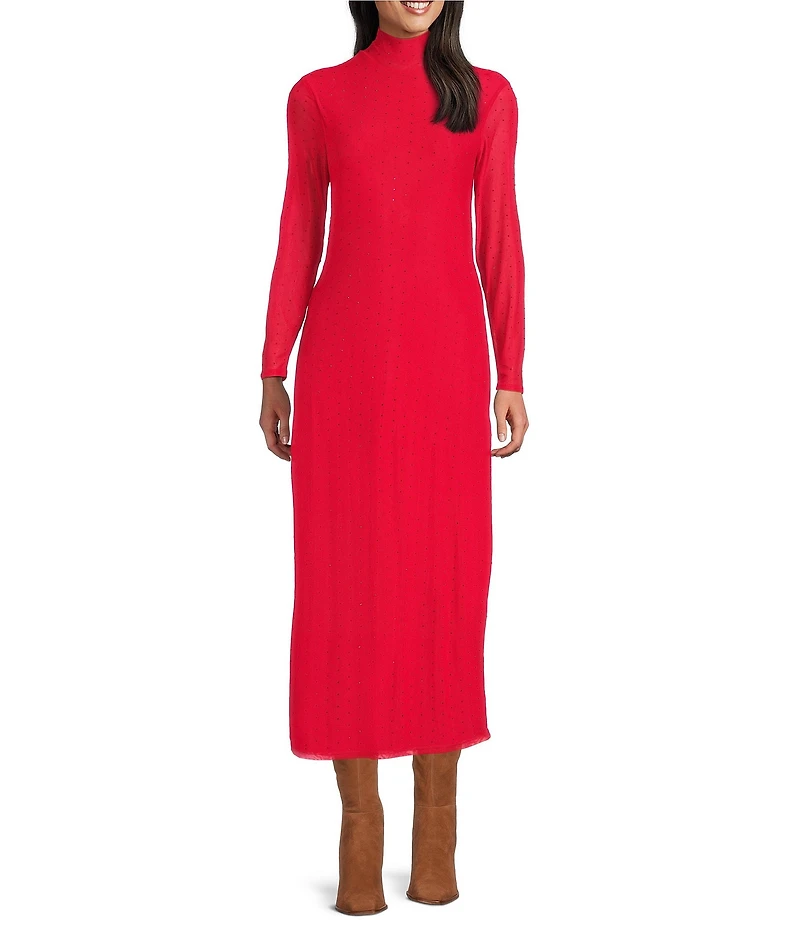 Reba Jersey Knit Jeweled Mesh Mock Neck Long Sleeve Sheath Dress