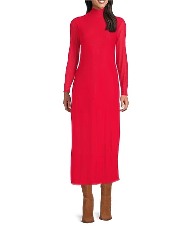 Reba Jersey Knit Jeweled Mesh Mock Neck Long Sleeve Sheath Dress