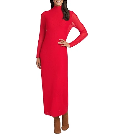Reba Jersey Knit Jeweled Mesh Mock Neck Long Sleeve Sheath Dress