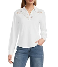 Reba Jersey Knit Lace Mesh Point Collar Long Sleeve Peasant Shirt