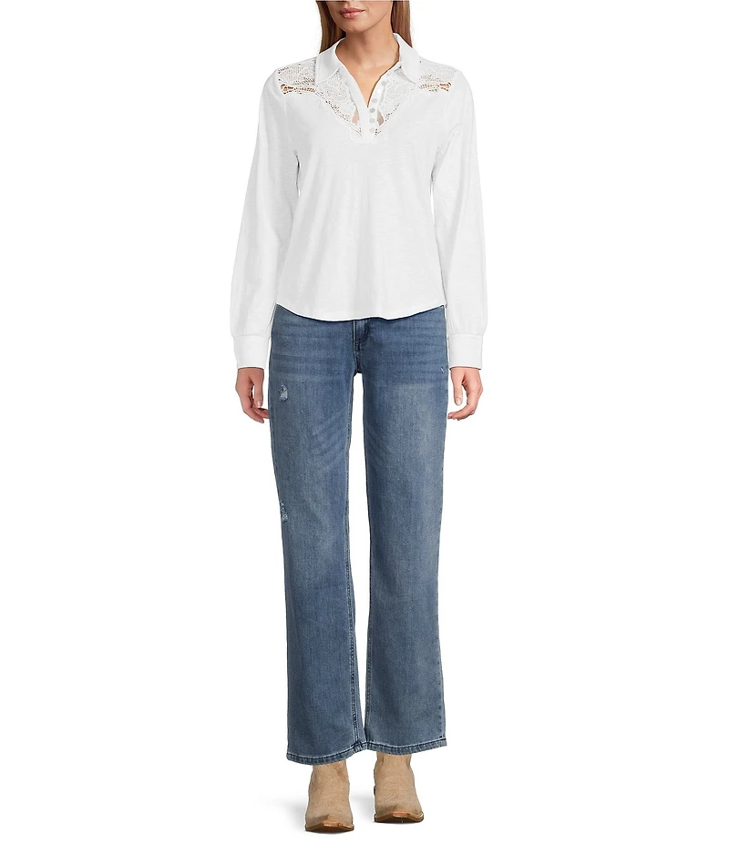 Reba Jersey Knit Lace Mesh Point Collar Long Sleeve Peasant Shirt