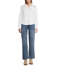 Reba Jersey Knit Lace Mesh Point Collar Long Sleeve Peasant Shirt