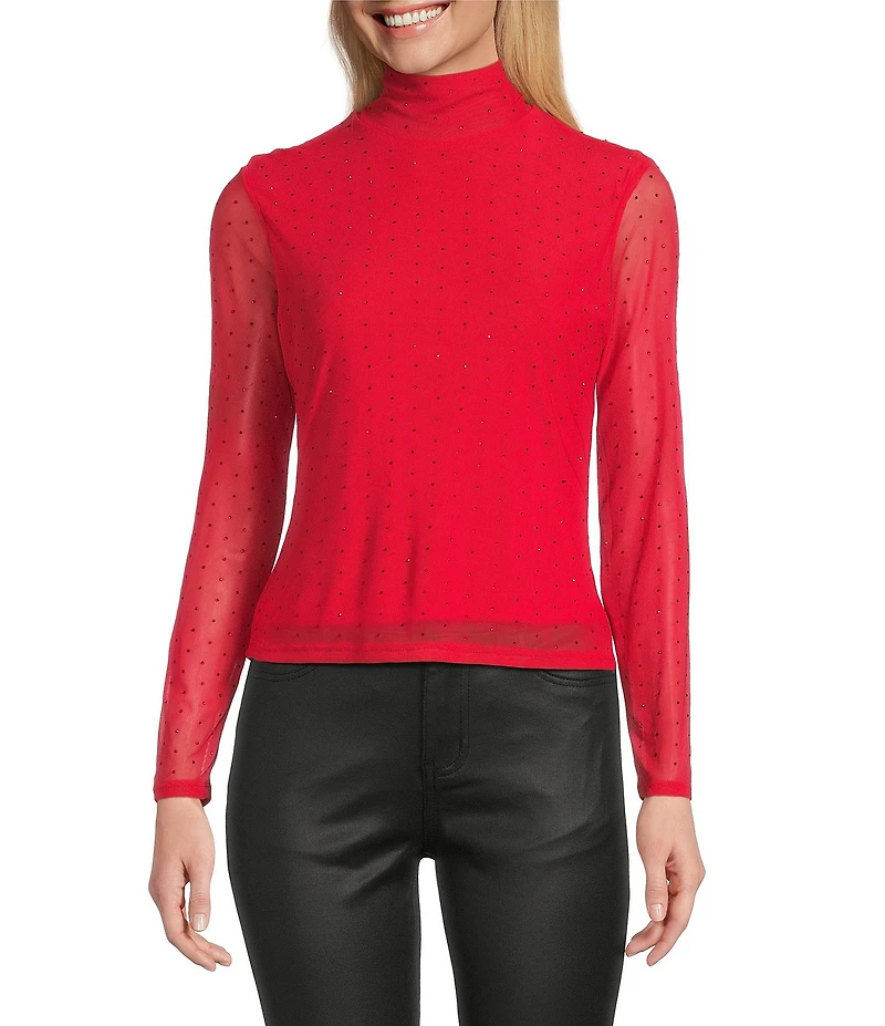 Reba Jeweled Mesh Knit Mock Neck Long Sleeve Tee