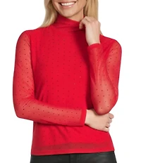 Reba Jeweled Mesh Knit Mock Neck Long Sleeve Tee