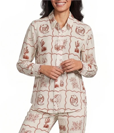Reba Kira Voile Western Print Point Collar Long Sleeve Coordinating Blouse