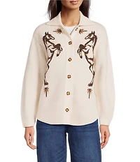 Reba Knit Jacquard Horse Point Collar Long Sleeve Cardigan