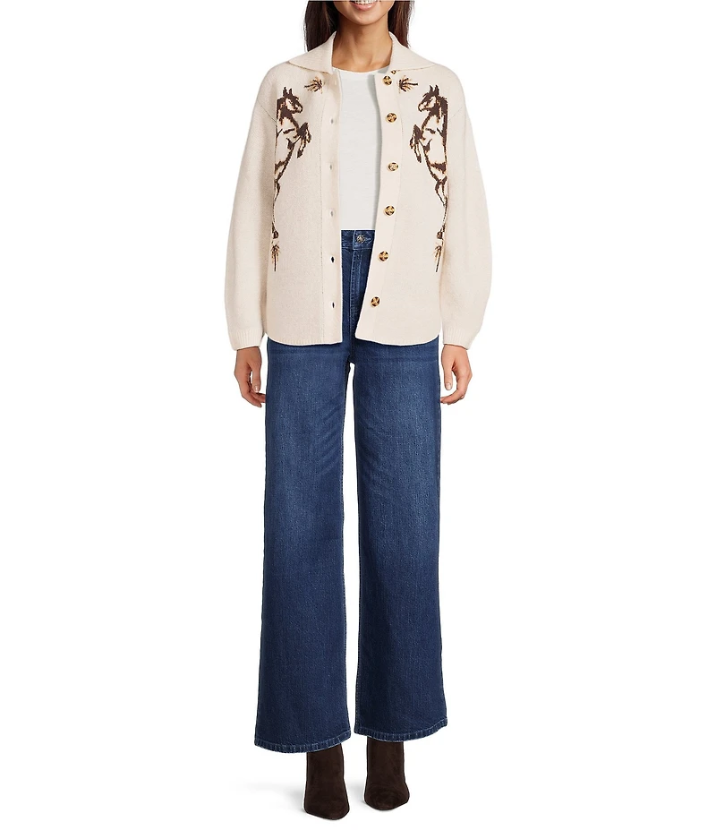 Reba Knit Jacquard Horse Point Collar Long Sleeve Cardigan