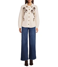 Reba Knit Jacquard Horse Point Collar Long Sleeve Cardigan