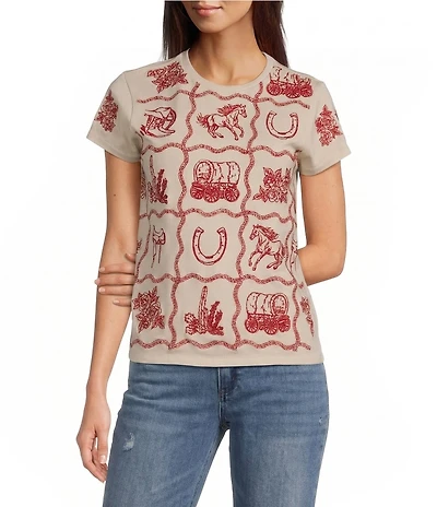 Reba Knit Jersey Embroidered Crew Neck Long Sleeve Tee Shirt