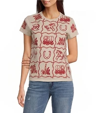 Reba Knit Jersey Embroidered Crew Neck Long Sleeve Tee Shirt