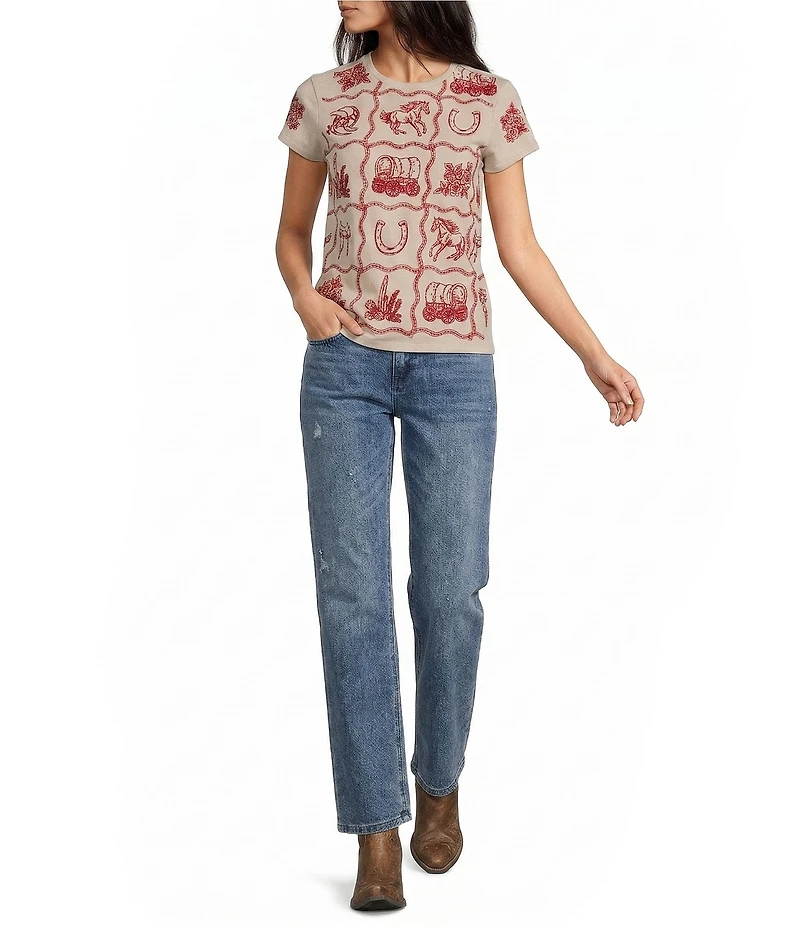Reba Knit Jersey Embroidered Crew Neck Long Sleeve Tee Shirt