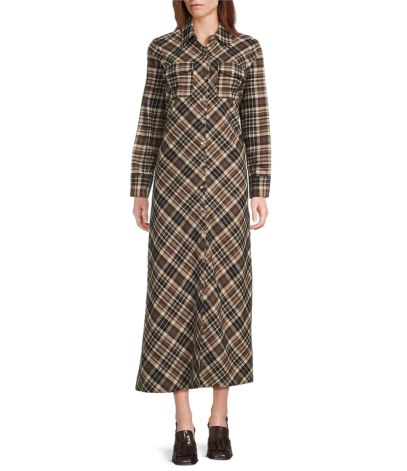Reba Lawson Woven Plaid Print Point Collar Long Sleeve Shirt Dress