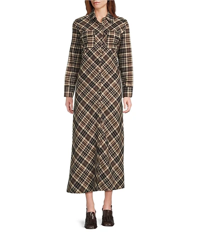Reba Lawson Woven Plaid Print Point Collar Long Sleeve Shirt Dress