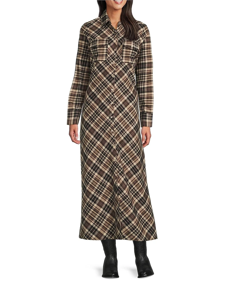 Reba Lawson Woven Plaid Print Point Collar Long Sleeve Shirt Dress