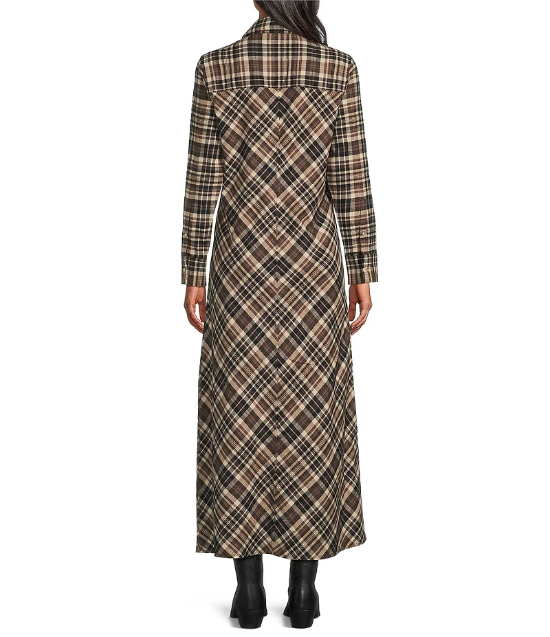 Reba Lawson Woven Plaid Print Point Collar Long Sleeve Shirt Dress