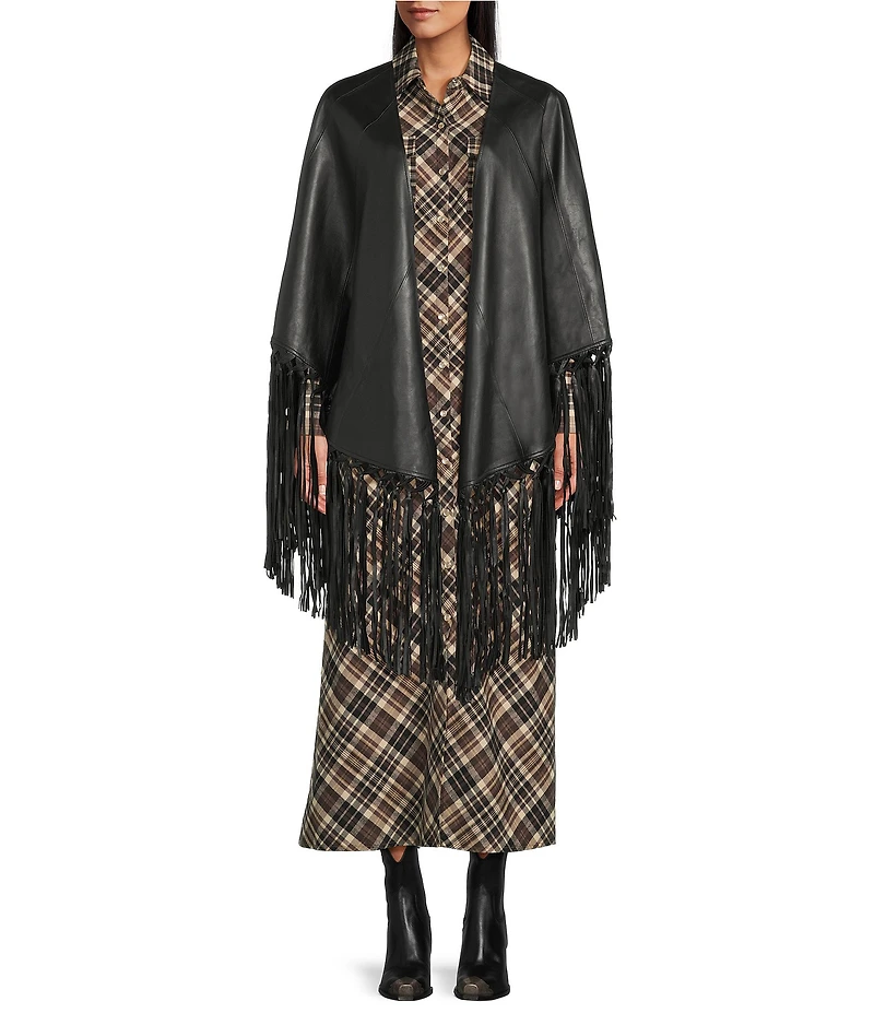 Reba Leather Open Front Fringe Detail Cape