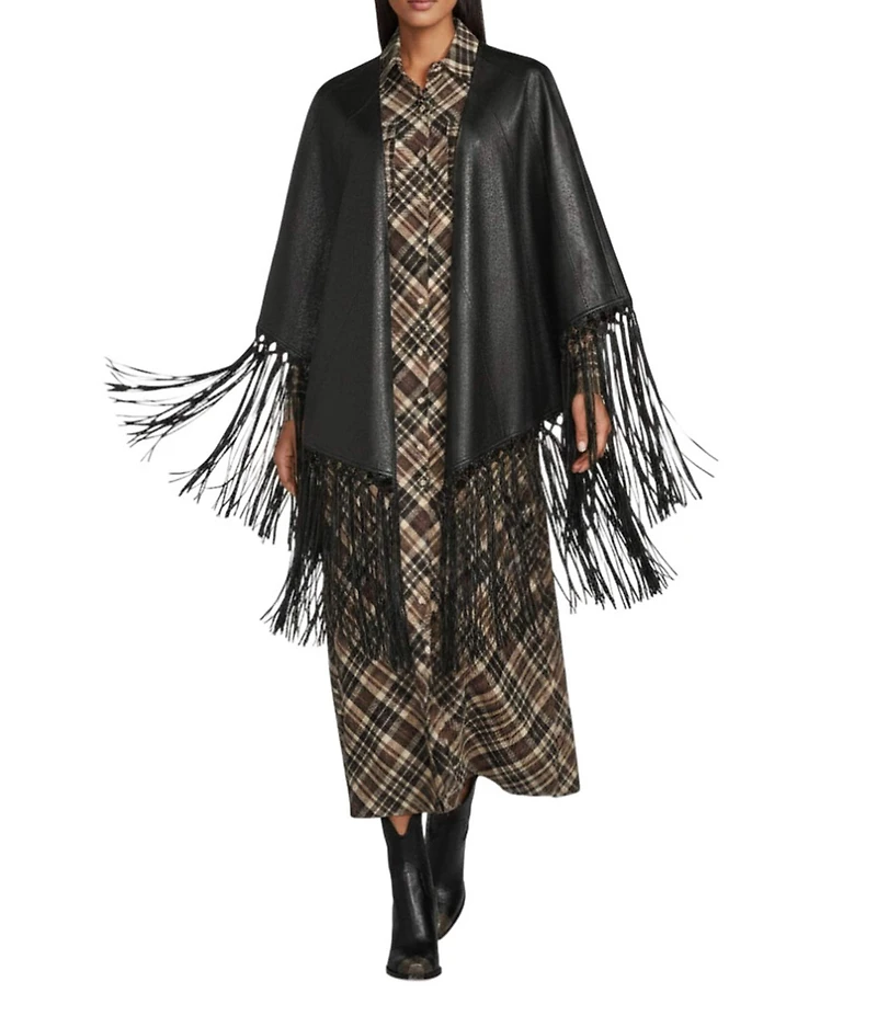 Reba Leather Open Front Fringe Detail Cape