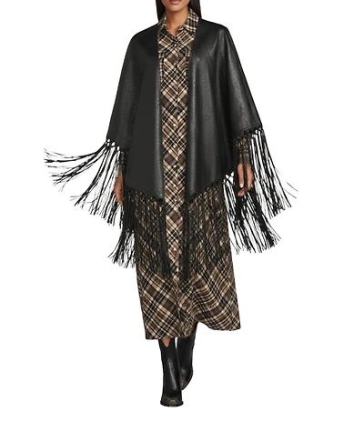 Reba Leather Open Front Fringe Detail Cape