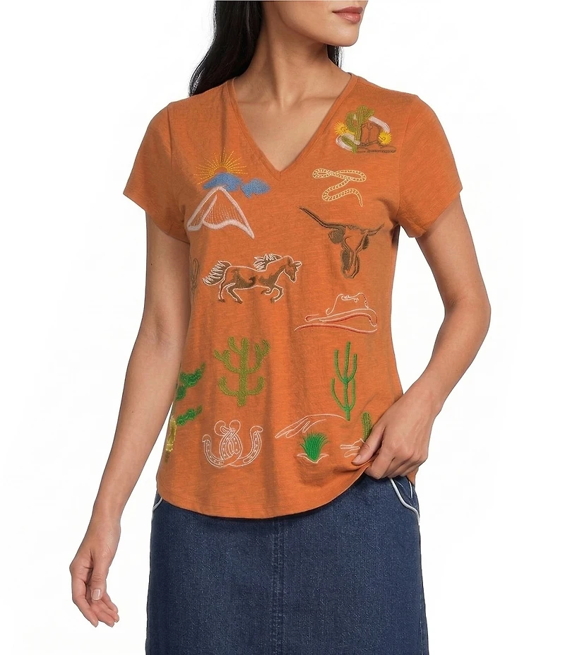 Reba Lily Knit Jersey V-Neck Short Sleeve Western Embroidered Shirt