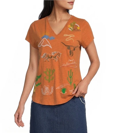 Reba Lily Knit Jersey V-Neck Short Sleeve Western Embroidered Shirt