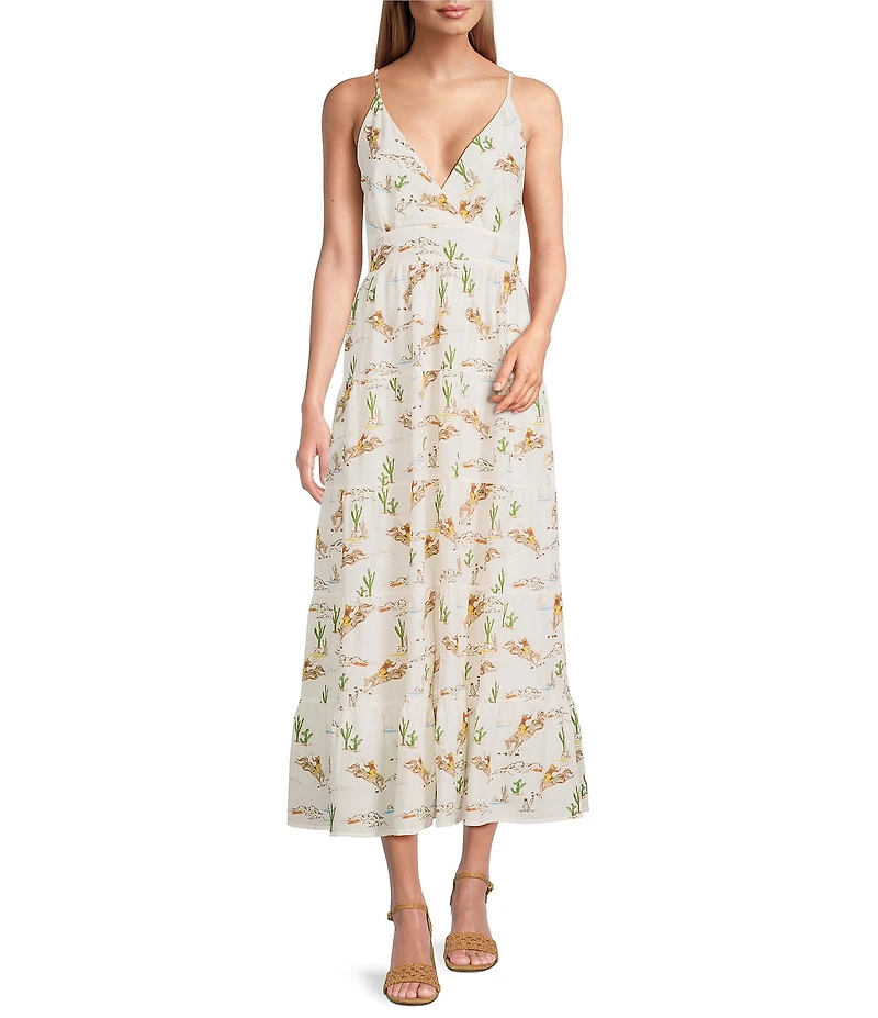 Reba Louise Cowboy Western V-Neck Sleeveless Tiered Midi A-Line Dress