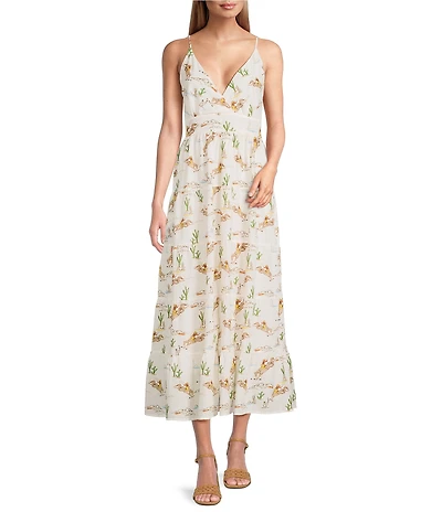 Reba Louise Cowboy Western V-Neck Sleeveless Tiered Midi A-Line Dress