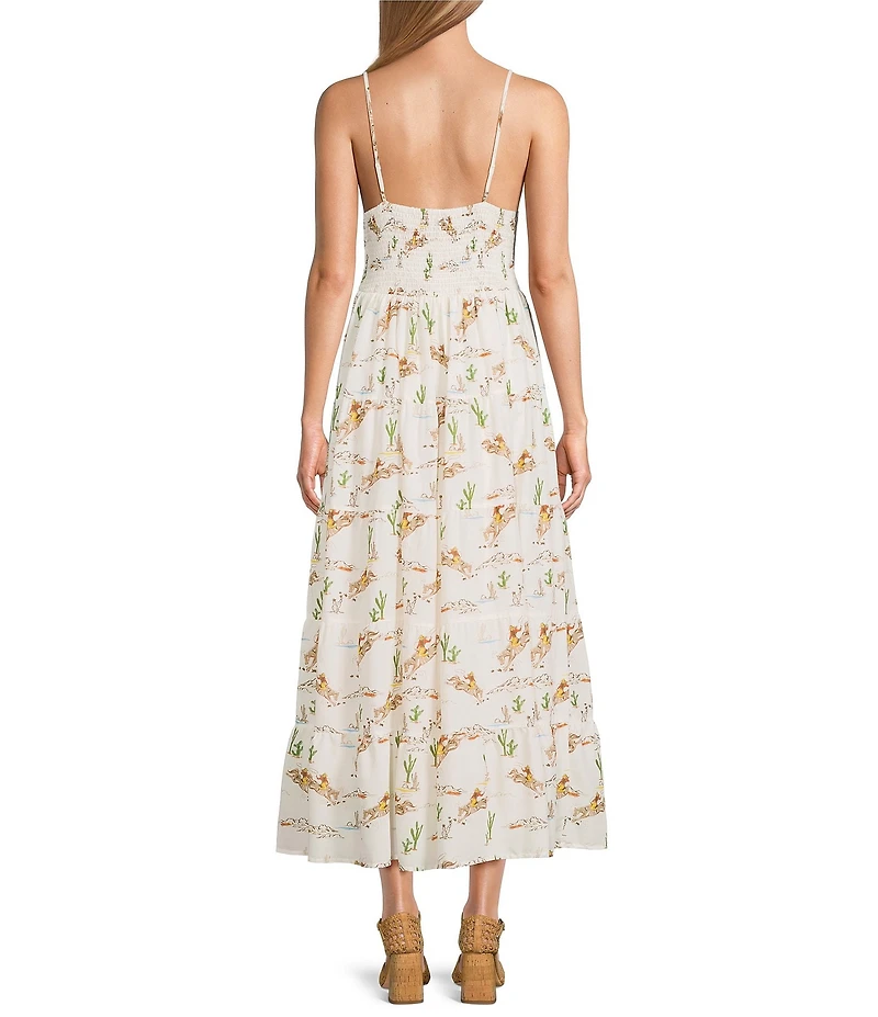 Reba Louise Cowboy Western V-Neck Sleeveless Tiered Midi A-Line Dress