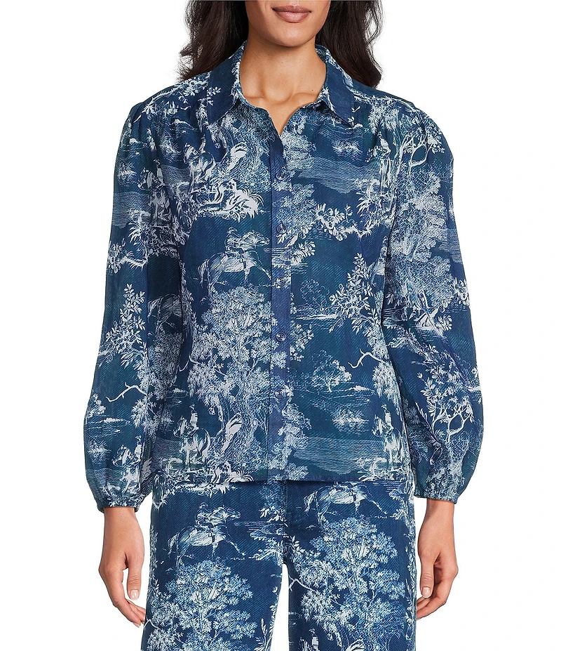 Reba Magnolia Coordinating Woven Voile Cowboy Toile Print Point Collar Long Sleeve Shirt
