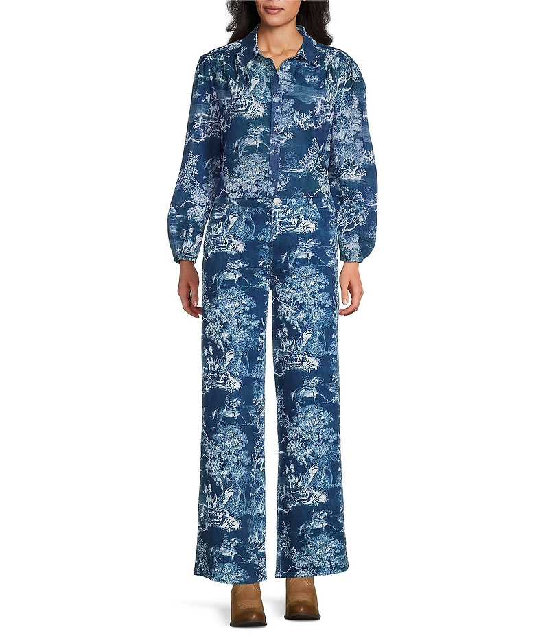 Reba Magnolia Coordinating Woven Voile Cowboy Toile Print Point Collar Long Sleeve Shirt