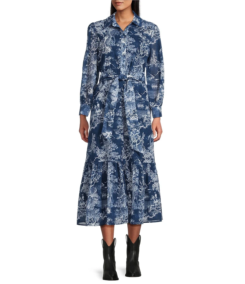 Reba Magnolia Voile Cowboy Toile Print Point Collar Long Sleeve Midi Dress