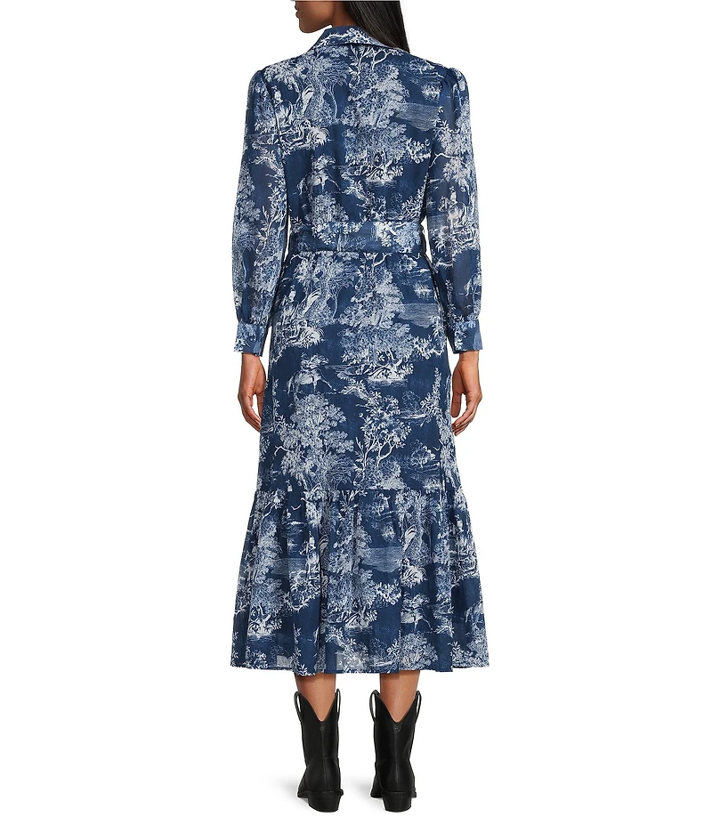 Reba Magnolia Voile Cowboy Toile Print Point Collar Long Sleeve Midi Dress