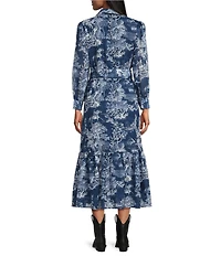 Reba Magnolia Voile Cowboy Toile Print Point Collar Long Sleeve Midi Dress