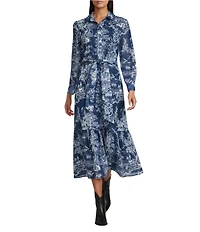 Reba Magnolia Voile Cowboy Toile Print Point Collar Long Sleeve Midi Dress