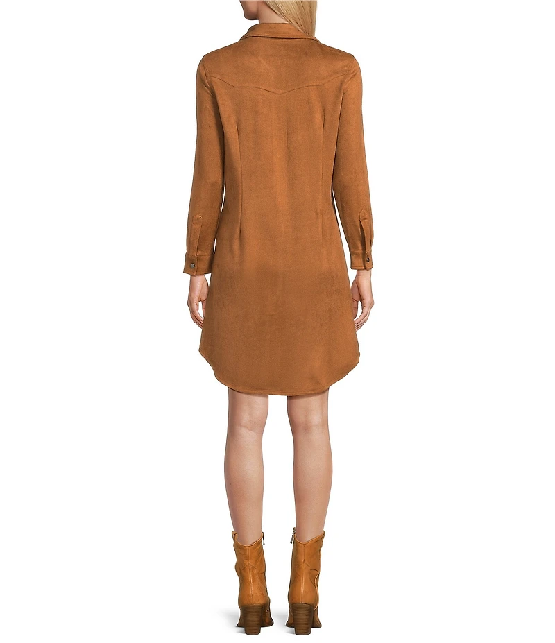 Reba Mesa Faux Suede Point Collar Long Sleeve Shirttail Hem Shirt Dress