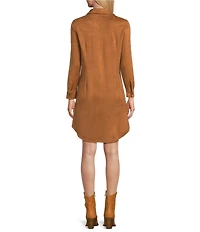 Reba Mesa Faux Suede Point Collar Long Sleeve Shirttail Hem Shirt Dress
