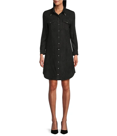 Reba Mesa Faux Suede Point Collar Long Sleeve Shirttail Hem Shirt Dress