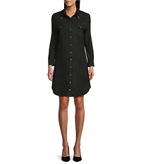 Reba Mesa Faux Suede Point Collar Long Sleeve Shirttail Hem Shirt Dress
