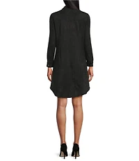 Reba Mesa Faux Suede Point Collar Long Sleeve Shirttail Hem Shirt Dress